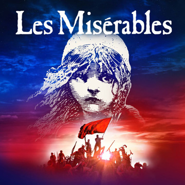 The poster for Les Miserables with a large sketched image of the character Cosette, above a silhouette of the barricade. The title of the show is across the top of the poster, and the background is a sky coloured in blue and red.